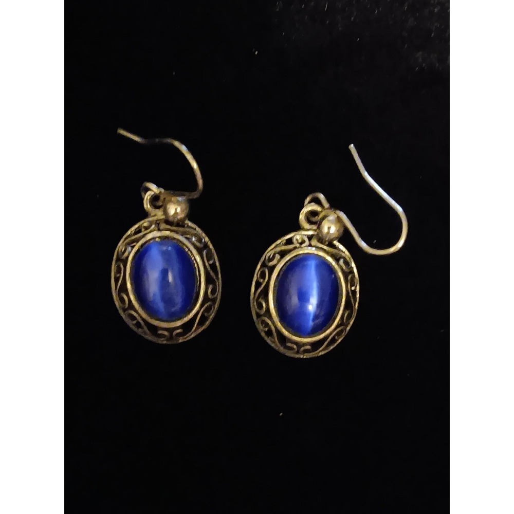 925 Sterling Silver Cats  Eye Lapis Lazuli Earrings Old Stock